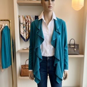 Karen Scott Teal Ruffle-Front Open Cardigan